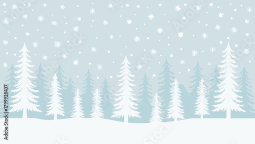 Winter scene with snow falling over a forest of evergreen trees in a light blue and white color scheme