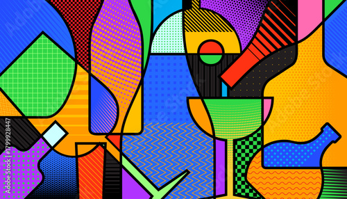 Various alcohol drinks banner design. Abstract bottles and glasses background
