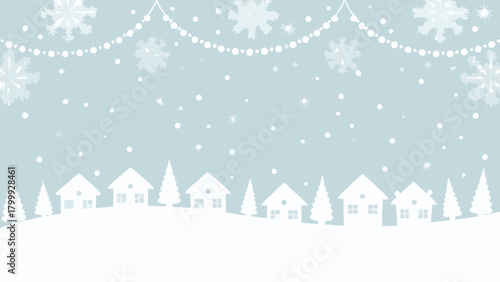 Winter scene with houses trees snowflakes and string lights creating a festive atmosphere design