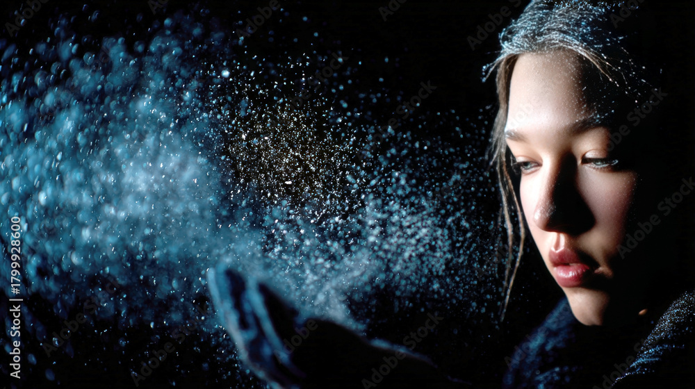Fototapeta premium Close-up female profile in cold vapor. Facial mist, winter skincare hydration and barrier protection, shimmering particles in the air.