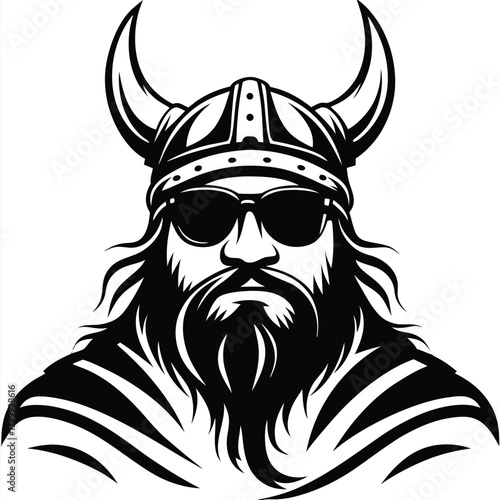 Stern black viking wearing sunglasses and horned helmet presents a powerful demeanor