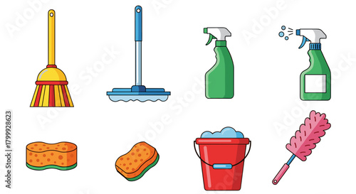 A collection of cleaning supplies including a broom, mop, and spray bottles