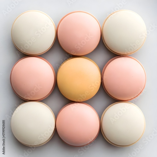 Pastel Colored Macarons Arranged in Grid Pattern on White Background

