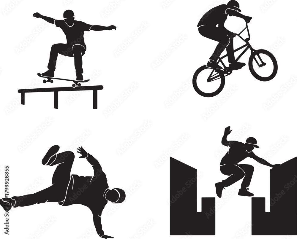 Fototapeta premium Silhouette set of skateboard bmx breakdance and parkour sport people on black and white