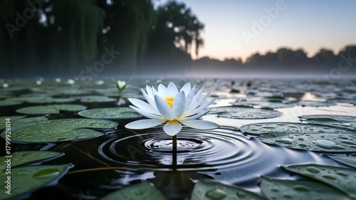 macro time-lapse of a white lotus flower slowly opening its petals at dawn. Static lily pads with dew, subtle water ripple. Perfect for zen, wellness, nature backgrounds. Royalty-free, no audio.