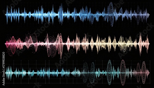 Digital interface with six waveform panels in blue, cyan, and purple. Top row shows horizontal waves; bottom row features jagged, complex patterns. Ideal for audio editing, sound analysis, or UI desig