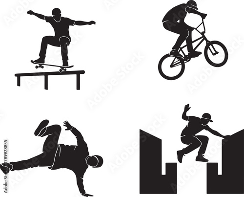 Silhouette set of skateboard bmx breakdance and parkour sport people on black and white