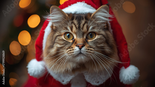 Cat in Santa costume with festive lights
Adorable cat wearing Santa outfit surrounded by holiday lights