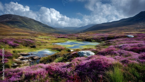 Highland moor with heather - windswept hills blanketed in purple heather, dotted with small ponds and scattered stones