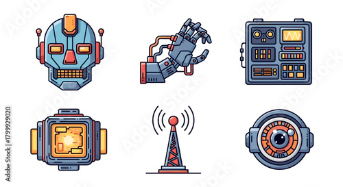 Collection of futuristic robotics themed icons isolated on