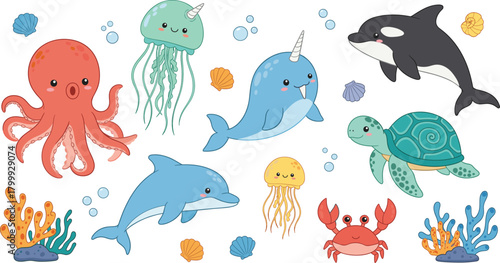 Cute sea animals vector set with dolphin, whale, turtle, octopus, jellyfish, crab, coral reef and underwater ocean life clipart