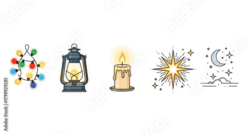 Collection of festive lights, lantern, candle, star, and moon isolated on