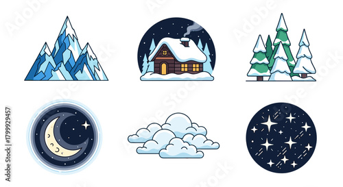 Cartoon winter set with mountain, house, tree, moon, cloud and star isolated on