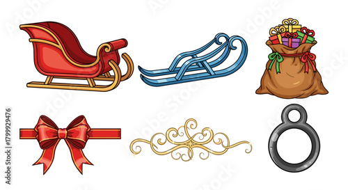 Cartoon christmas set with sleigh, bag of gifts, bow and decoration isolated on