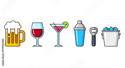 Set of six different drinks and bar accessories isolated on for bar