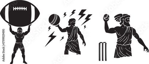 Strong athletes silhouette holding football ball throwing ball and cricket stumps