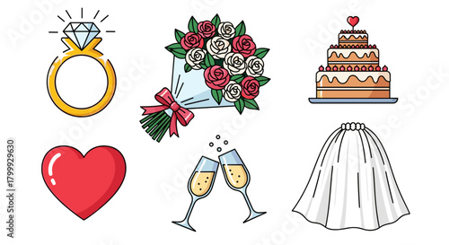 Wedding elements including ring, bouquet, cake, heart, champagne and dress