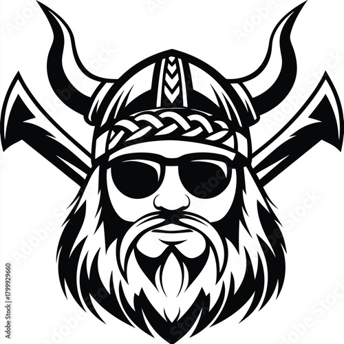Viking warrior with full beard wearing sunglasses faces front with crossed axes behind
