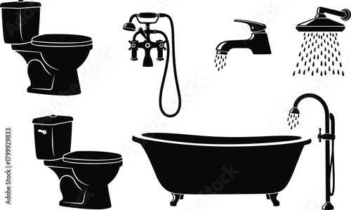 Collection of bathroom fixtures including toilets, faucets, showerheads, and classic bathtub in clean black silhouette style for plumbing design, renovation planning, and interior illustration,