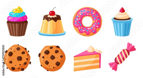 Sweet desserts isolated on, cupcake, pudding, donut, cookie, and candy