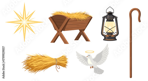 Nativity scene elements isolated on, star, manger, lantern, and dove