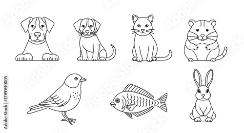 Collection of pets line art isolated on, dog, cat, bird and more
