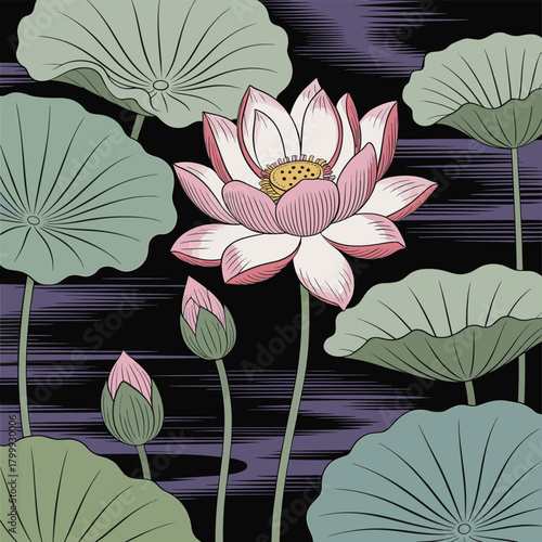 Hand-Drawn Lotus Flower and Lily Pads Vector Illustration.