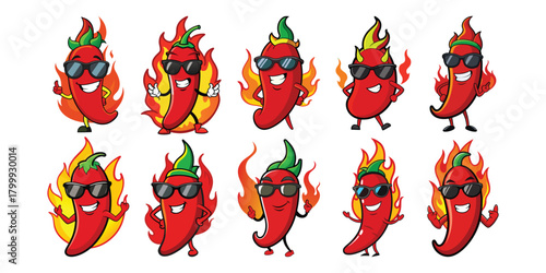 red chili mascot wearing sunglasses with fire vector design icons sate illustration.