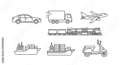 Various modes of transportation including car, truck, plane, train, and ship isolated on