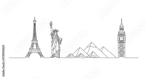 Collection of world landmarks line art isolated on, eiffel tower