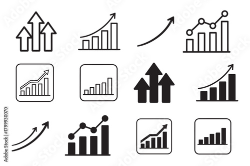 Growth icon set. Containing arrow up, growing graph, business chart icons. Vector illustration.