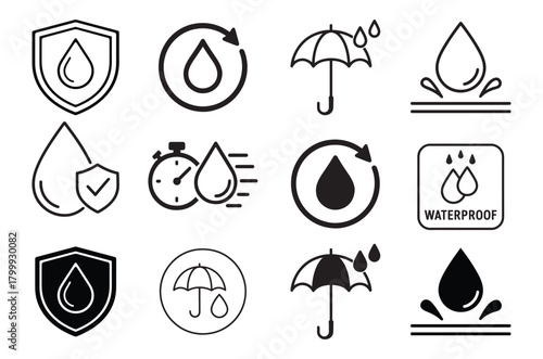 Waterproof icon set. Containing water resistant, water protection, hydrophobic fabric and more. Vector illustration