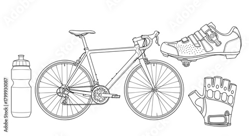 Cycling equipment including bicycle, water bottle, shoe, and glove isolated on