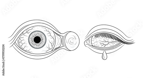 Human eye anatomy line art, healthy and unhealthy eye isolated on