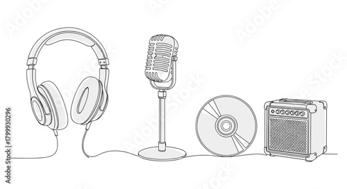 Hand drawn music studio equipment isolated on, vector illustration