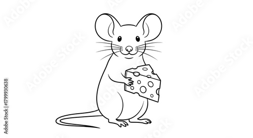 Cute mouse holding cheese isolated on hand drawn vector illustration