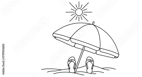 Beach umbrella and flip flops isolated on hand drawn vector illustration