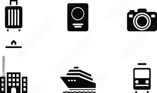 Travel and vacation related icon set in black and white design