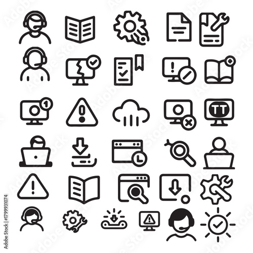 Customer Support Line Icons Set – Help Desk, Alerts, Settings, Download, Search – Vector Outline, Editable Stroke
