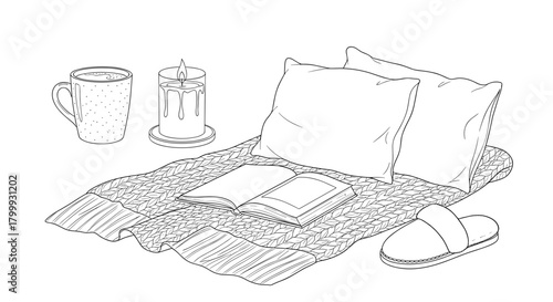 Cozy home seamless pattern with book, candle, mug, pillow, and slipper isolated on