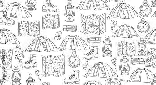 Seamless pattern with camping equipment isolated on for textile