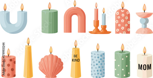 Decorative candle vector set with aesthetic pillar, shaped and patterned candles for cozy home decor, spa, relaxation and gift design