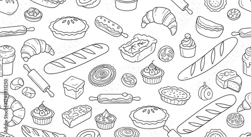 Seamless pattern of bakery products isolated on hand drawn vector