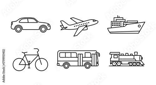 Transportation icons isolated on, including car and airplane