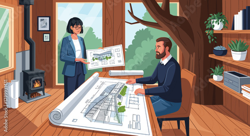 Confident architect team collaborates on modern building design blueprints in cozy cabin office with natural light