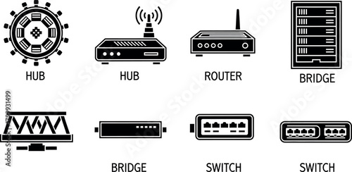 Hub, Router, Bridge, and Switch Symbols for Computer Networking, Internet, and Data Communication Technology Concept Vector Illustrations.