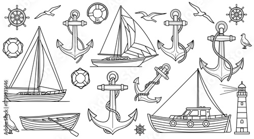 Set of nautical element isolated on for coloring book page