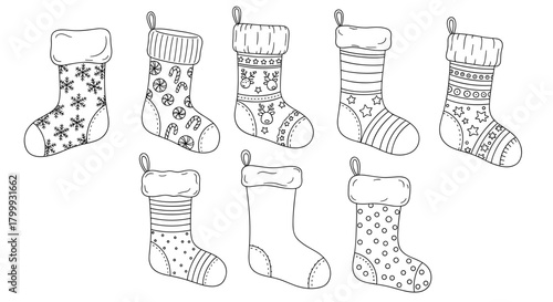 Collection of christmas stocking isolated on for coloring book