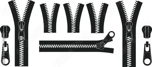 Detailed black zipper collection featuring sliders, curved zipper tracks, and garment hardware elements for sewing projects, fashion design resources, tailoring graphics, and customization artwork,