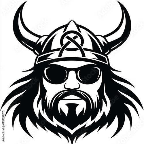 Monochrome drawing shows cool bearded viking wearing horned helmet and dark sunglasses on a white background